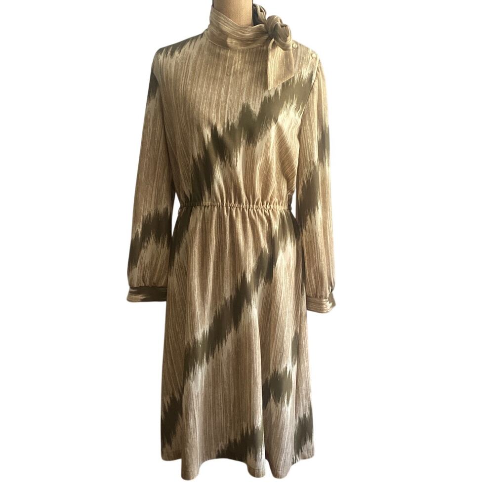 Vintage 70s Abstract Midi Dress High Neck Side Bow Olive Taupe M
